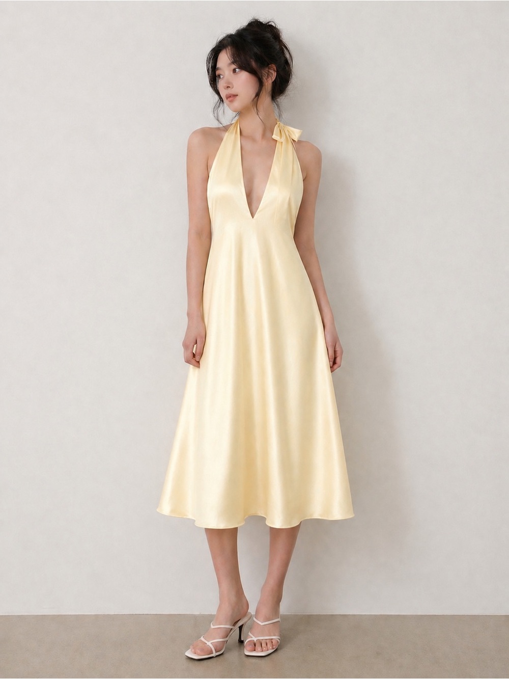 wild fable Pale Yellow Satin Halter Midi Dress